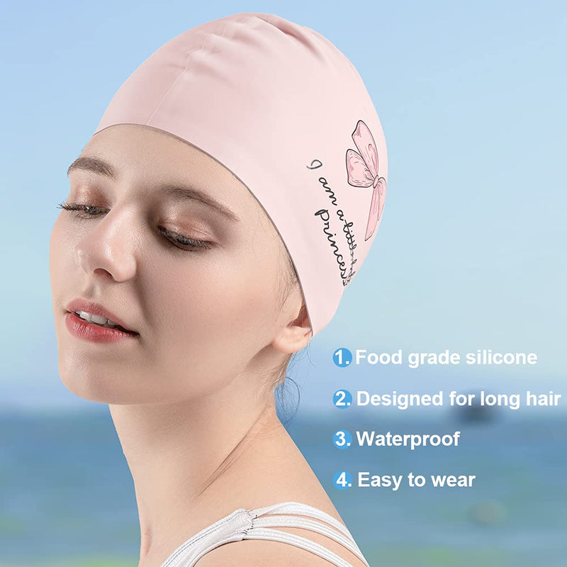 Swim Cap for Women Men，COPOZZ Comfy Silicone Waterproof Swimming Caps/Bathing Hat for Long & Short Hair Pink Bow - BeesActive Australia