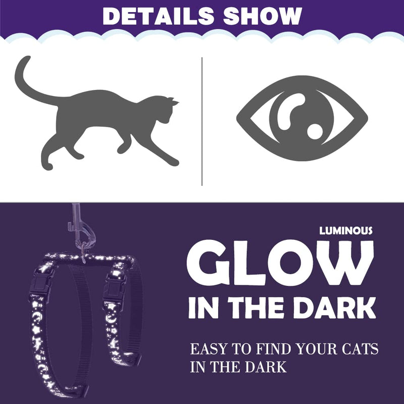 Cat Harness with Leash and Collar Set - Escape Proof Adjustable H-shped Cat Harness with Star and Moon Pattern Glow in The Dark for Kitty Outdoor Walking Purple - BeesActive Australia