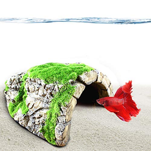 SunGrow Betta, Hermit Crab & Gecko Rock Cave, Resin Cave with Artificial Moss for Crayfish, Shrimps, Fish, Aquatic Frogs, 1 Pc per Pack - BeesActive Australia