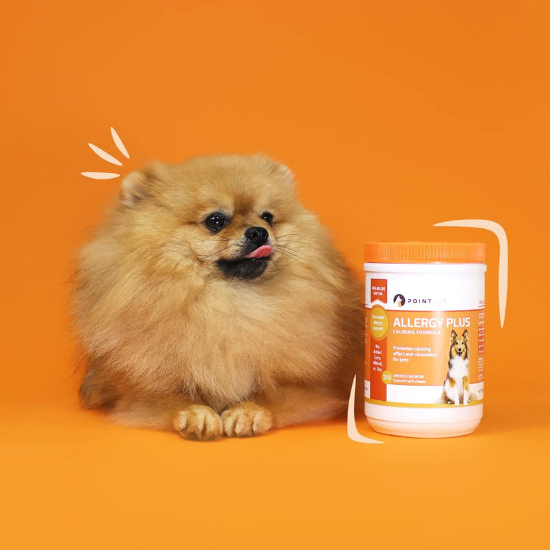 POINTPET Allergy Plus Calming Formula for Dogs - Allergy Relief, Anti Itch + Calming and Relaxation Effect 120 Smoked Salmon Soft Chews - 13 in 1 Premium Formula with Colostrum, Bromelain & Chamomile - BeesActive Australia