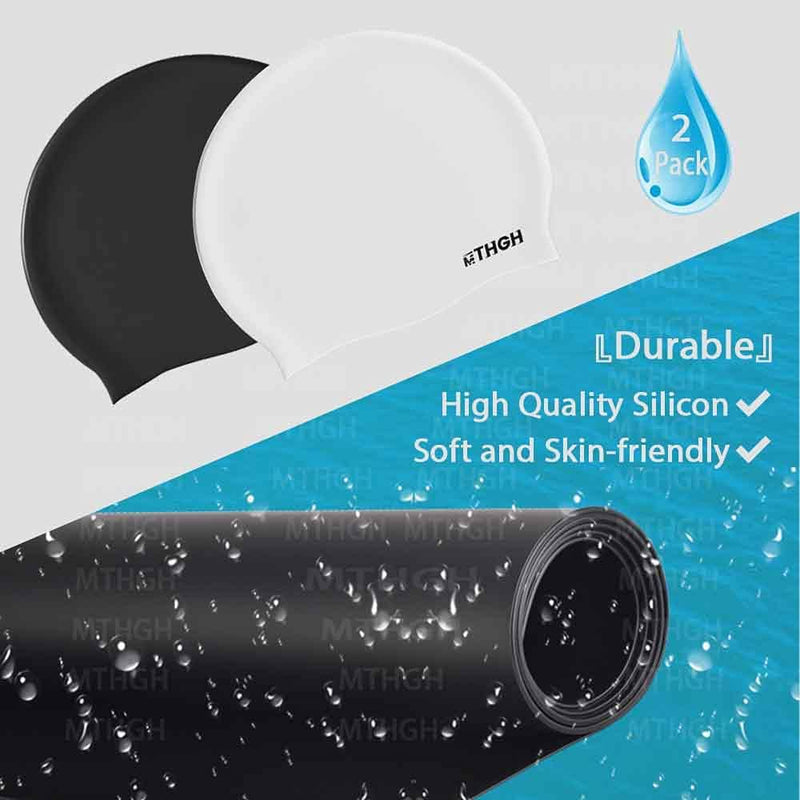 Swim Cap for Kids Girls Boys, Swimming Cap for Long Hair, 2Pack Silicone Swimmer Cap for Youths Unisex Black+White - BeesActive Australia