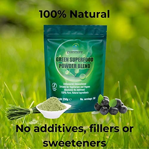 Super Greens Powder Blend - Vitamin Mineral Nutrient Rich - Immune System & Energy Boost - Vegan Vegetarian Superfoods Supplement Alkaline 100% Natural Gluten Free Detox- 250g 50 Servings, Evanmore - BeesActive Australia