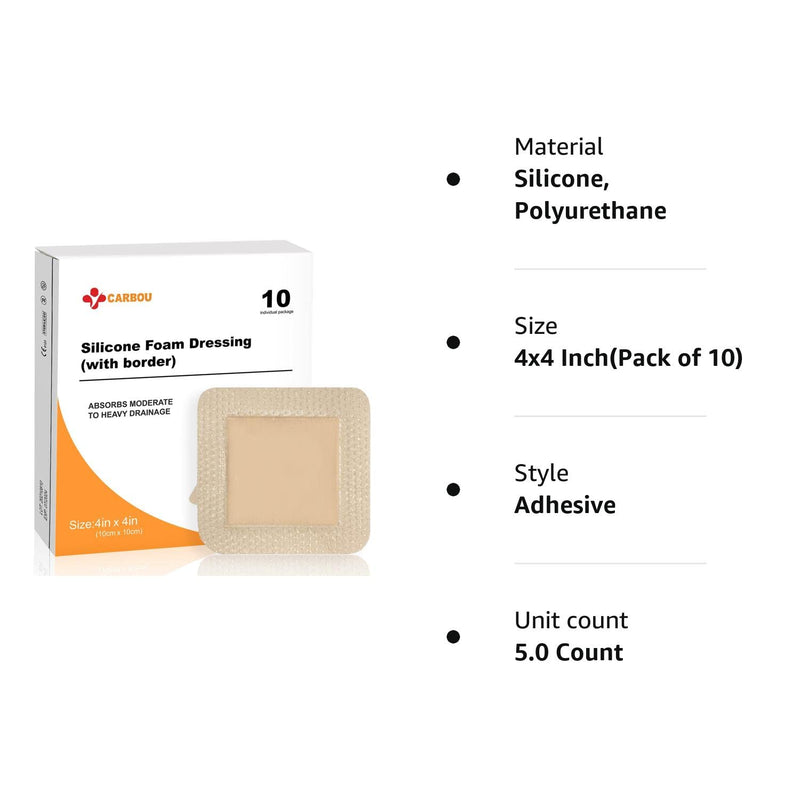 Carbou 10Pcs Silicone Foam Dressing 4"x 4"(10 cm x 10 cm) - with Border Adhesive Waterproof Central Ultra Absorbent-Foam (2.5" X 2.5") Square Dressing Waterproof Silicone Wound Bandage 4x4 Inch(Pack of 10) - BeesActive Australia