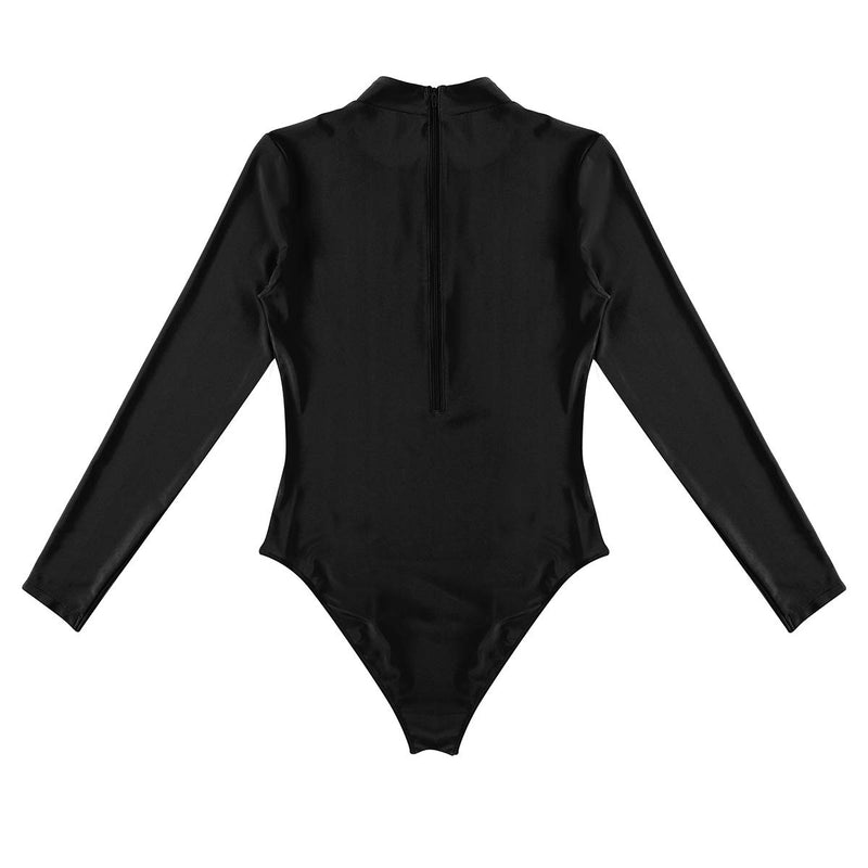 [AUSTRALIA] - FEESHOW Womens Mock Turtleneck Leotard Bodysuit Ladies Long Sleeve Stretch Jumpsuit Black Medium 