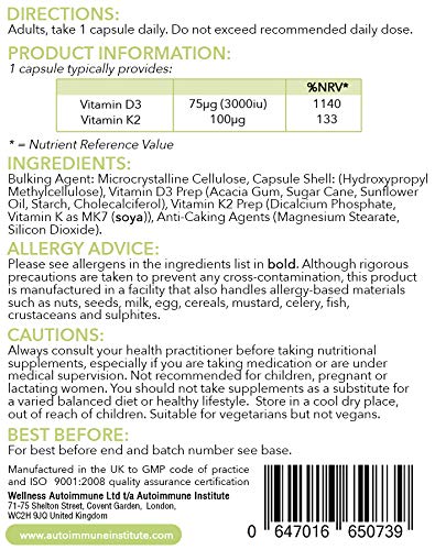 Vitamin D3 and K2 Tablets - 3000IU of D3 and 100mcg of K2 Supplement. Well Absorbed Cholecalciferol. Made in The UK. Suitable for Vegetarians. - BeesActive Australia