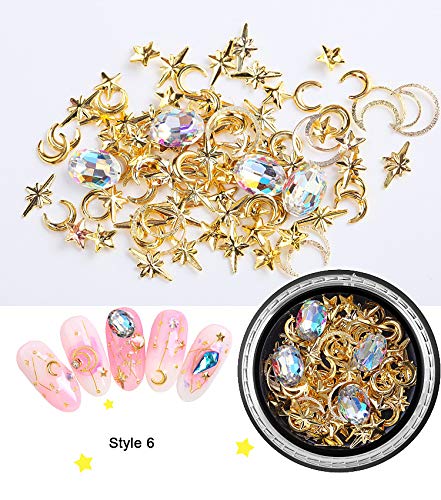 Nail Art Studs Gems 3D Nail Art Rhinestones Gold Decals 6 Boxes Mixed Patterns of Stars Moons Triangle Rivets Diamonds for Women Manicure Wraps Fingernail Tips Decorations Accessories & Supplies 2 - BeesActive Australia