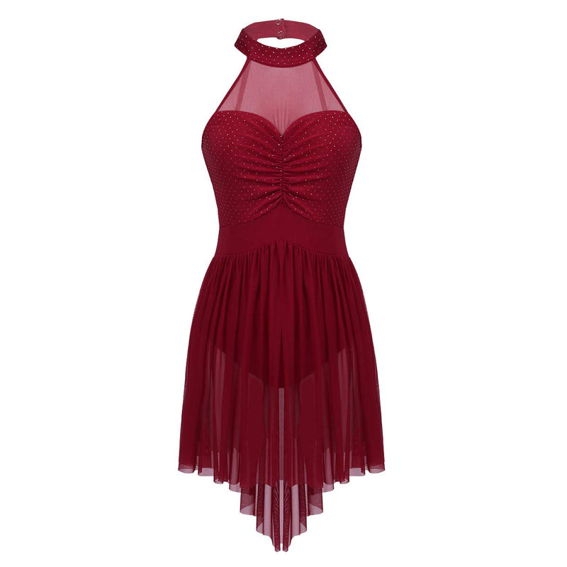 [AUSTRALIA] - iEFiEL Women Sleeveless Halter Neck Polka Dots Irregular Tulle Hem Balle Leotard Dance Dress Lyrical Modern Contemporary Wine Red Small 