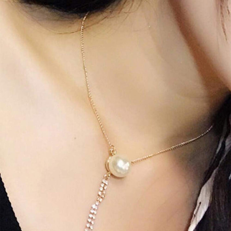 Kercisbeauty Pearl Y Necklce for Women Wedding or Evening Party Gift Her Jewelry Silver Necklace with Rhinestones Tassels - BeesActive Australia