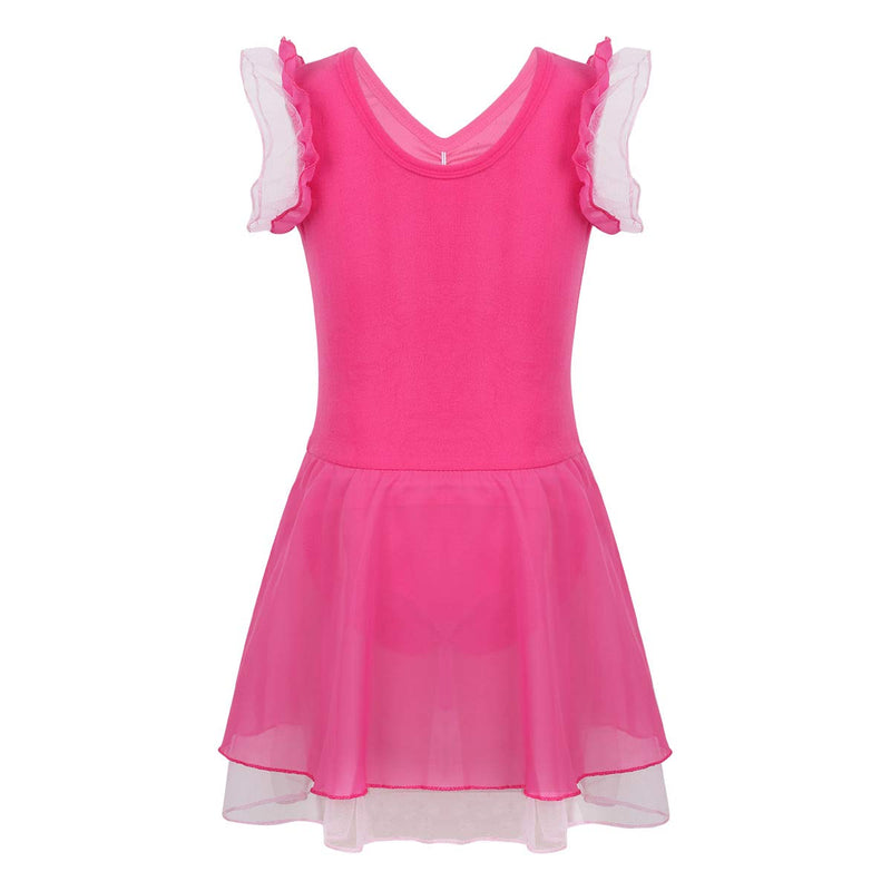 [AUSTRALIA] - Freebily Girls' Ruffle Flying Short Sleeve Ballet Dance Dress Leotard Skirted Tutu for Ballet Gymnastic Dancing Costume Rose 5 / 6 