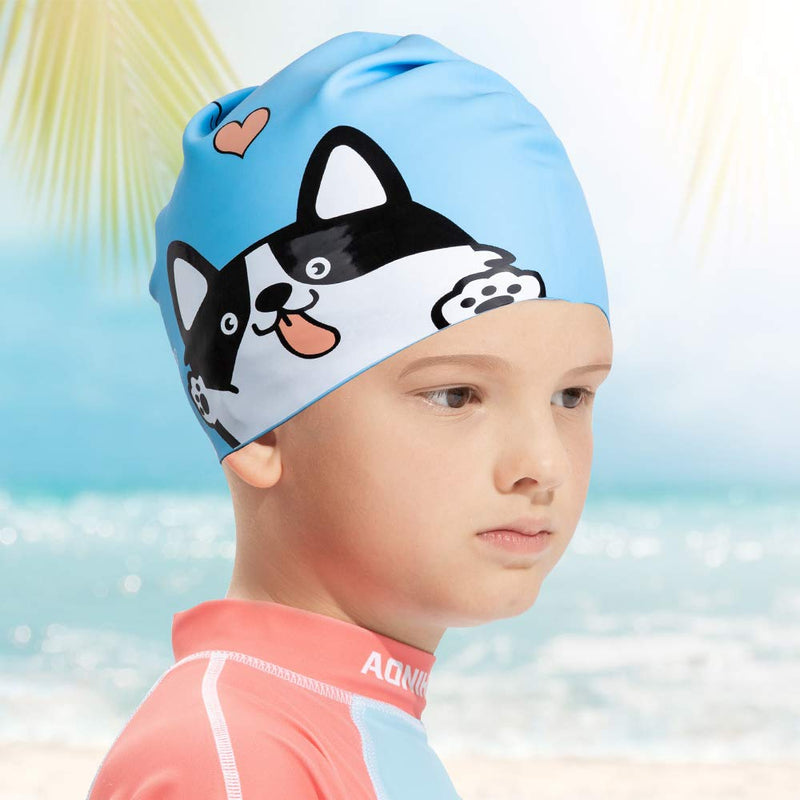 COPOZZ Kids/Adult Swim Caps, Silicone Waterproof Comfy Bathing Cap Swimming Hat for Long and Short Hair BLUE-5-12yrs - BeesActive Australia