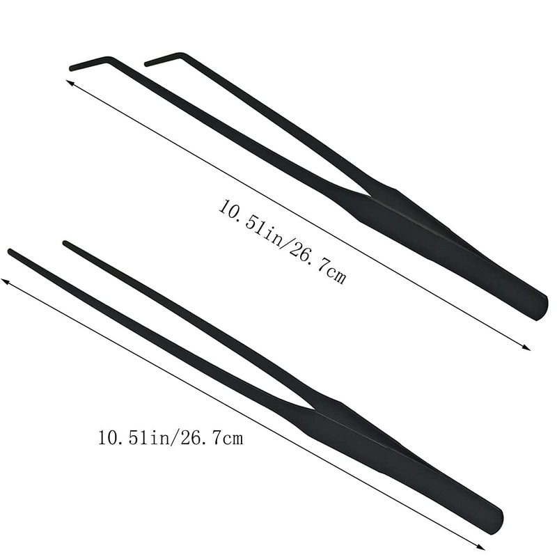 2 Pcs Feeding Tongs, Aquarium Tweezers Stainless Steel Straight and Curved Tweezers Set 27cm/10.6 inches Aquascaping Tools for Hold Worms, Reptiles, Lizards, Bearded Dragon (Black) - BeesActive Australia