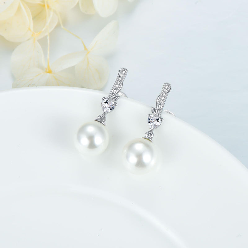 Sterling Silver White Gold Stud Pearl Earring Leaft Heart Zircon Crystal Bridal Wedding Jewelry Bridal Bridesmaid Mother Birthday Gift - BeesActive Australia