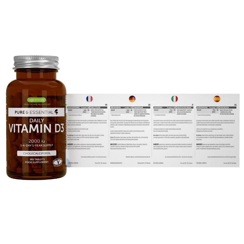 Pure & Essential Daily Vitamin D3 2000iu, 1-Year Supply, Cholecalciferol, Vegetarian, 365 Small Tablets - BeesActive Australia
