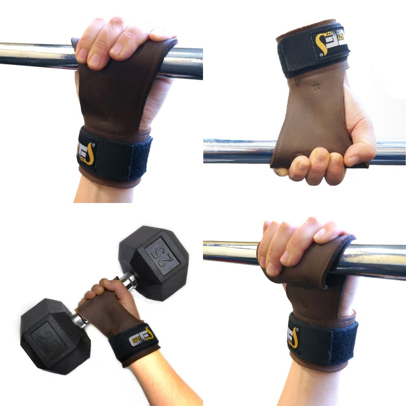 CRAZY FOXS Flame Grips Leather Lifting Straps Heavy Duty Men and Women Gloves for Pull ups Deadlift Power Lifting with Neoprene Padded Wrist Wraps Brown Leather Large - BeesActive Australia