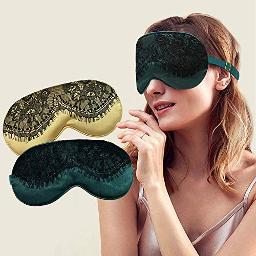 Ayygift 2Pack Soft Silk Sleeping Mask Pretty Lace Eye Mask Good Sleep Eyeshade Eye Cover (Yellow Dark Green) Lace 2pack_yellow Dark Green - BeesActive Australia