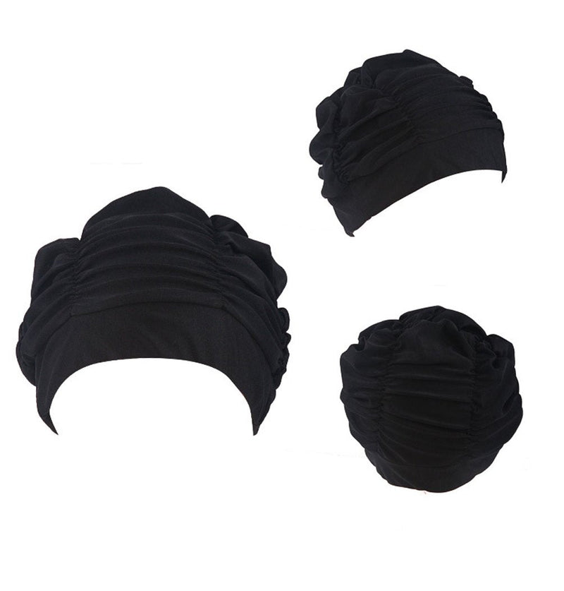 Ewanda store Colorful Pleated Nylon Cloth Swim Cap Large Swimming Cap Hot Spring Bathing Caps for Adult Men Women Long Hair Black - BeesActive Australia