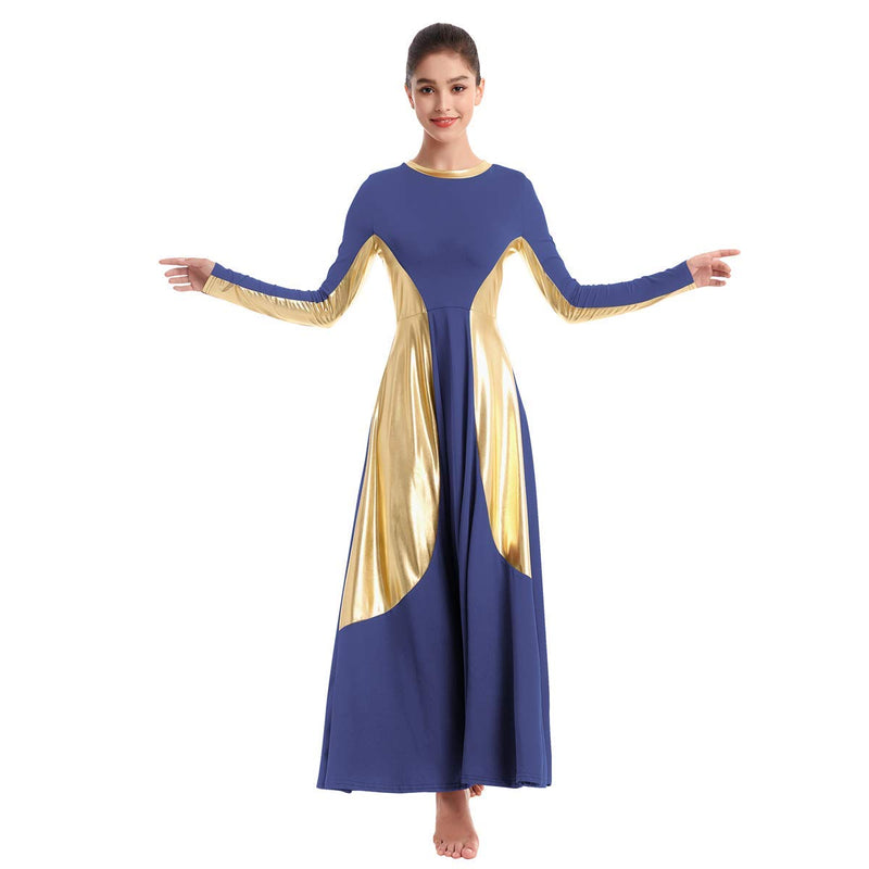 [AUSTRALIA] - IBAKOM Womens Praise Liturgical Dancewear Long Sleeves Dance Dress Metallic Gold Loose Fit Full Length Tunic Circle Costume Small Navy Blue-gold 
