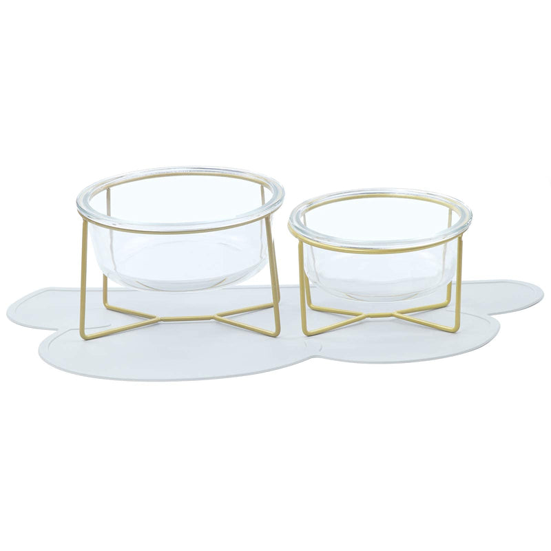 Glass Raised Cat Bowls or Small Dog Dishes with Gold Metal Stand,Anti Vomiting Tilted Transparent Pet Bowl, Elevated Food or Water Bowl Set with Grey Silicon Clouds Waterproof Mat 1 x 20oz bowl+1 mat - BeesActive Australia