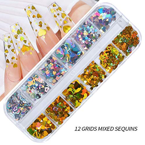 CHANGAR Valentine's Day Heart Nail Art Glitter Sequins, 3D Laser Love Heart Nail Decals Sticker Holographic Nail Sparkle Glitter for Manicure Make Up DIY Decals Decoration - BeesActive Australia