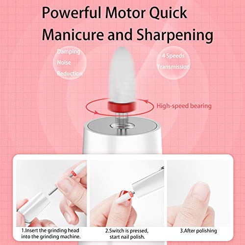 T TinWong Portable Electric Nail Drill Professional Nail Drill Kit For Acrylic, Gel Nails, Manicure Pedicure Polishing Shape Tools with Ceramic Grinding Head and 1 set 6 Pcs Nail Drill Bits(White) - BeesActive Australia