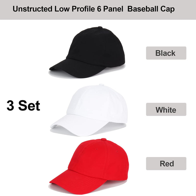 Umeepar 3PCS Plain Baseball Cap for Men Women Adjustable Low Profile Unstructured Cotton Dad Hat Black, White, Red - BeesActive Australia
