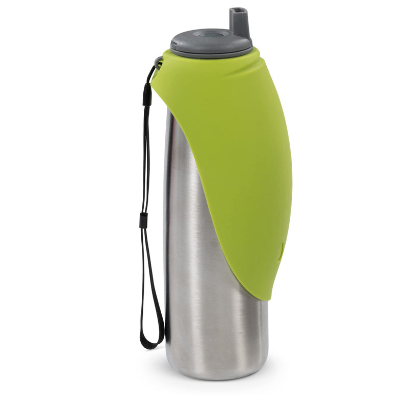 Messy Mutts Double Wall Vacuum Insulated Stainless Steel Travel Water Bottle with Silicone Flip Up Bowl | Pet Travel Necessity | Camping, Hiking, Walking Accessory | 20 oz / 600mL | Green - BeesActive Australia
