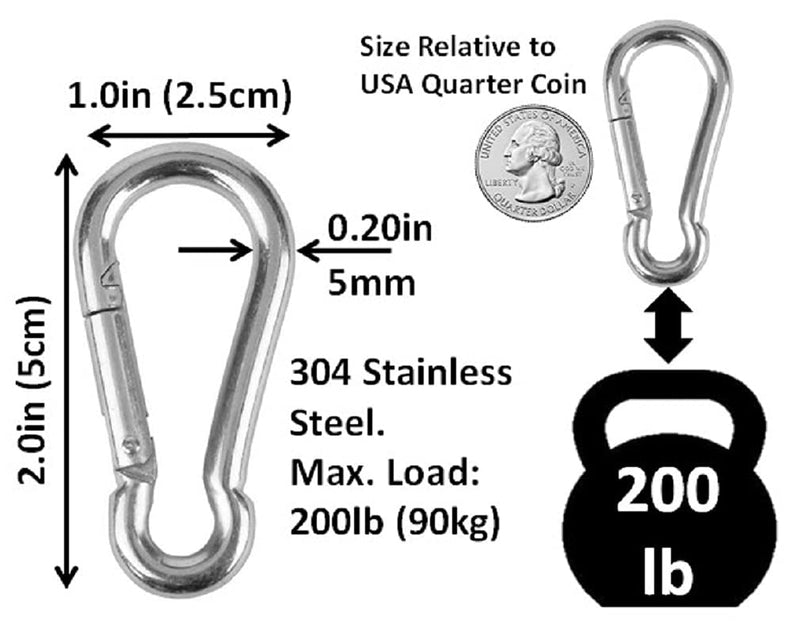 Branded Boards Heavy Duty Bushcraft Stainless Steel Carabiner Spring Snap Clip Link Hooks. 200-400lb Load. 6 Packs 12 Packs 5cm-6-pack - BeesActive Australia