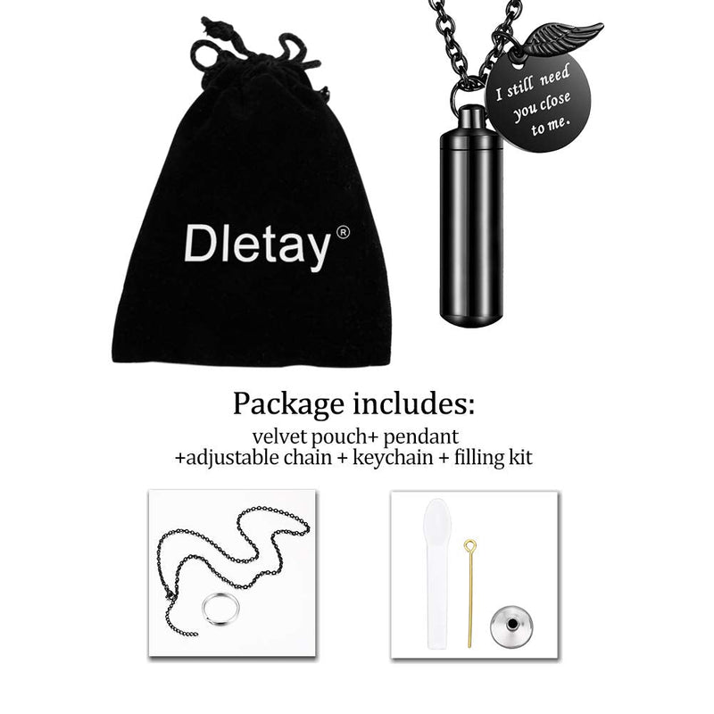 Cylinder Cremation Jewelry Urn Necklace for Ashes Memorial Ashes Necklace with Angel Wing Charm Memorial Keepsake for Pet Human-I Still Need You Close to Me Black-M non-engraving - BeesActive Australia