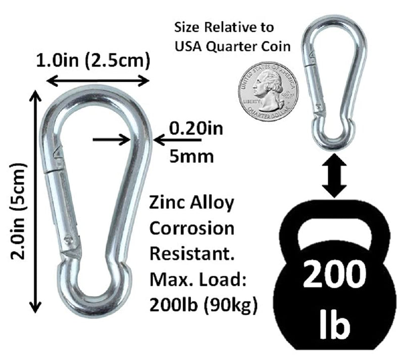 Branded Boards Black & Silver Heavy Duty Bushcraft Zinc-Galvanized Steel Carabiner Spring Snap Clip Link Hooks. 200-400lb Load. 6 Packs, 12 Packs and Variety Packs. Silver-5cm-6 Pack - BeesActive Australia