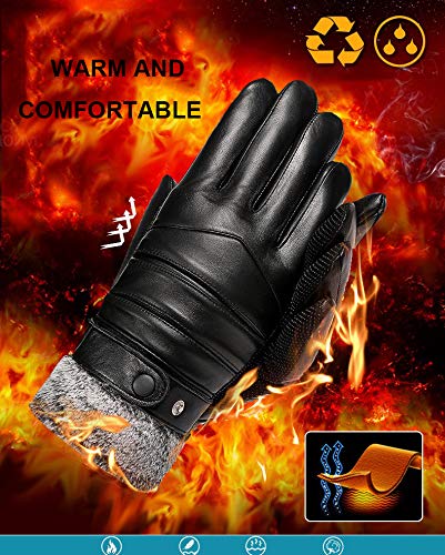 Ubrand FUNGGORD Winter Leather Gloves for Mens Touchscreen Snap Closure Gloves,Cashmere/Fleece Lined Glove for Motorcycle Driving Riding Warm Waterproof Gloves - BeesActive Australia
