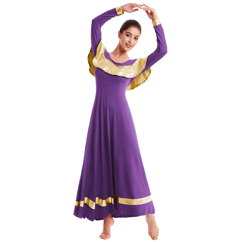 [AUSTRALIA] - IBAKOM Womens Praise Liturgical Worship Dance Dress Ruffle Metallic Gold Color Block Loose Fit Full Length Dancewear Purple+gold XX-Large 