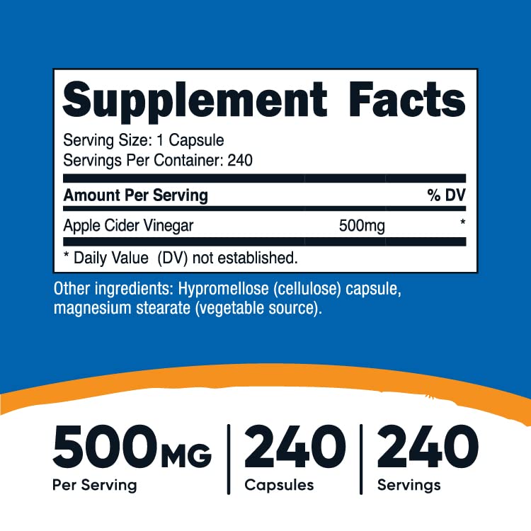Nutricost Apple Cider Vinegar Capsules 500mg, 240 Vegetarian Capsules - Natural, Vegetarian, GMP, Non-GMO and Gluten Free 240 Count (Pack of 1) - BeesActive Australia