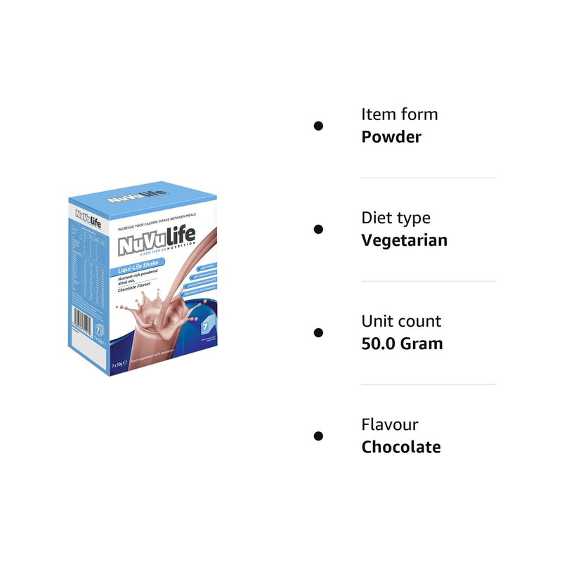 NuVu Life, Liquid-Life Shake. High Calorie, High Protein, Nutrient Rich Powdered Drink Mix for Weight Gain or Meal Replacement (Chocolate, 7 Sachets) Chocolate - BeesActive Australia