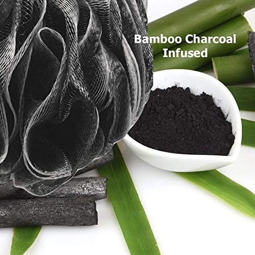 Loofah-Charcoal Back-Scrubber & Bath-Sponges by Shower Bouquet: 1 Long-Handle-Back-Brush Plus 2 Extra Large 75g Soft Mesh Poufs, Men & Women - Exfoliate with Full Pure Cleanse in Bathing Accessories Charcoal Black - BeesActive Australia