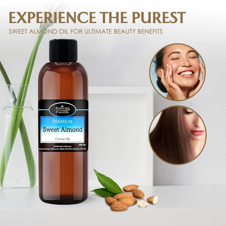 Sweet Almond Oil - Almond Oil for Skin, Hair, Nails, Cuticles, Ears, Face, Body, Stretch Marks, Aromatherapy - Pure & Natural Massage Carrier Oil Cold Pressed, Food Grade, Vegan & UK Made 100 ml (Pack of 1) - BeesActive Australia