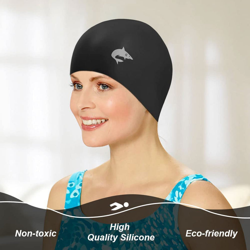 Silicone Swim Caps for Long Hair, Cover Ears Swimming Caps with 3D Ear Pockets or Adult Youths, Flexible Waterproof Swimming Caps for Women #1 Basic-black - BeesActive Australia