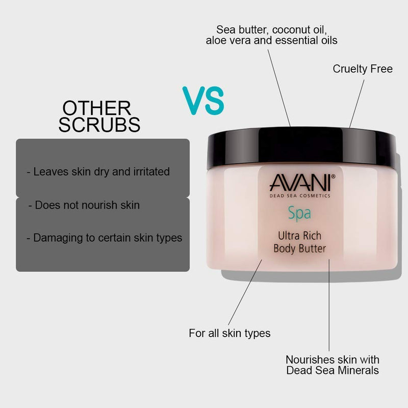 Avani Ultra Rich Body Butter - Dead Sea Salt, Aloe Vera, Vitamin E, Shea, Jojoba, Sunflower, Olive Essential Oil - Natural Exfoliating & Moisturizing Butter for All Skin Types - Milk/Honey Fragrance Milk & Honey - BeesActive Australia
