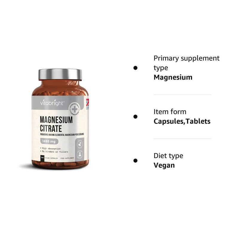 Magnesium Citrate - 1480mg High Strength - 240 Capsules (4 Month Supply) - Vegan Premium Magnesium Capsules - Providing 444mg Elemental Magnesium Supplement - Made in UK by VitaBright - BeesActive Australia