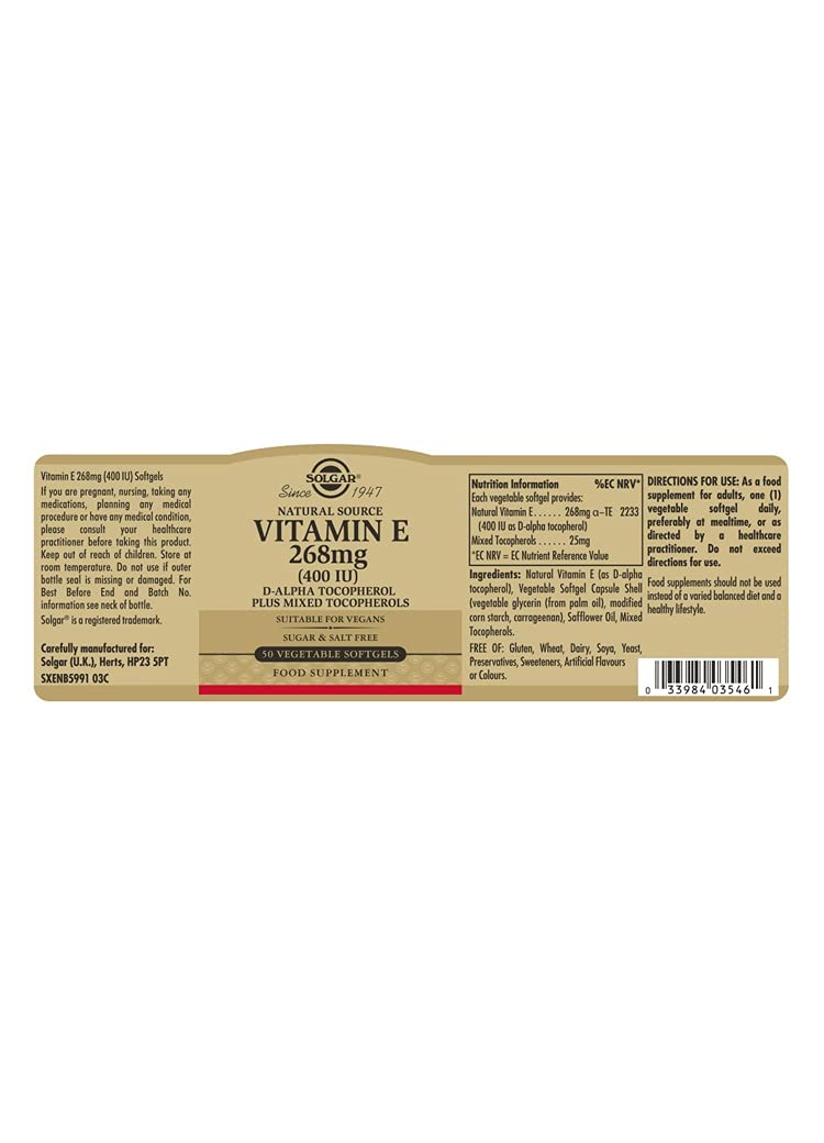 Solgar Natural Source Vitamin E 268 mg (400 IU) Vegetable Softgels, Brown, 50 Count (Pack of 1) Unflavoured 50 Count (Pack of 1) - BeesActive Australia