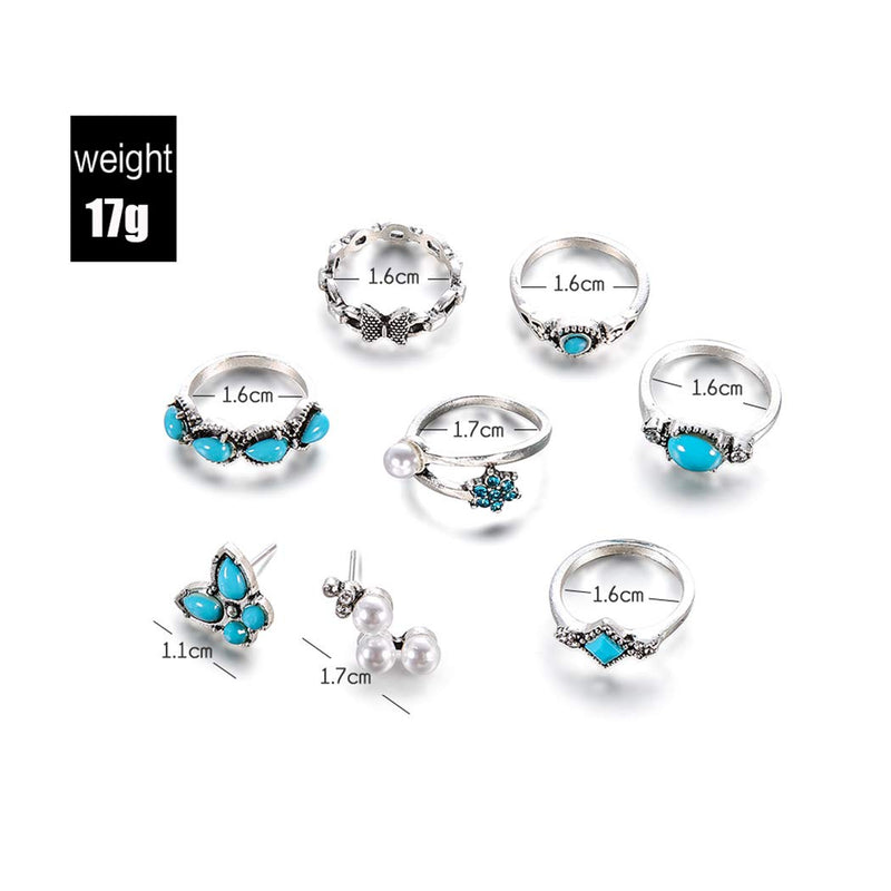 Edary Boho Turquoises Rings Set Silver Knuckle Rings Pearl Stud Earrings for Women and Girls.(8PCS) - BeesActive Australia