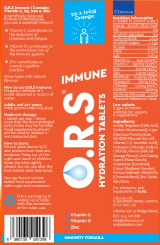 O.R.S Immune Vitamin C Hydration Tablets with Electrolytes, Immune System Booster with Vites & Minerals, Vegan, Gluten & Lactose Free � Soluble Sports Oral Rehydration, Natural Orange Flavour, 20 Tabs - BeesActive Australia