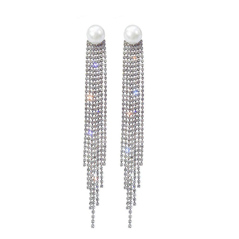 Xerling Rhinestones Long Tassel Earrings Pearl Stud Earrings Crystal Chandelier Dangle Drop Earrings for Women for Bridal Wedding - BeesActive Australia