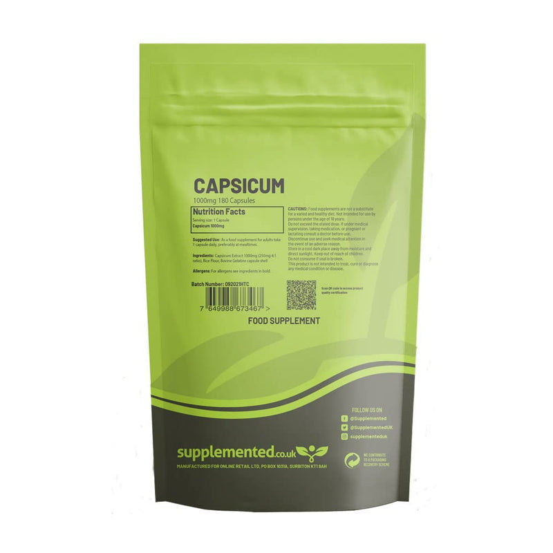 Capsicum Chilli Extract1000mg 180 Capsules UK Made. Pharmaceutical Grade Cayenne Pepper. Thermogenic - BeesActive Australia