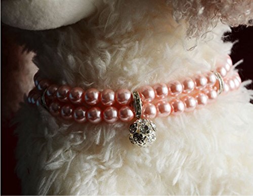 PETFAVORITES Luxury 2 Row Pearls Rhinestones Pet Cat Dog Necklace Collar Jewelry with Bling Crystal Ball Charm Pendant for Pets Cats Small Dogs Female Puppy Chihuahua Yorkie Girls Costume Outfits Neck Size:12"-14" Pink - BeesActive Australia