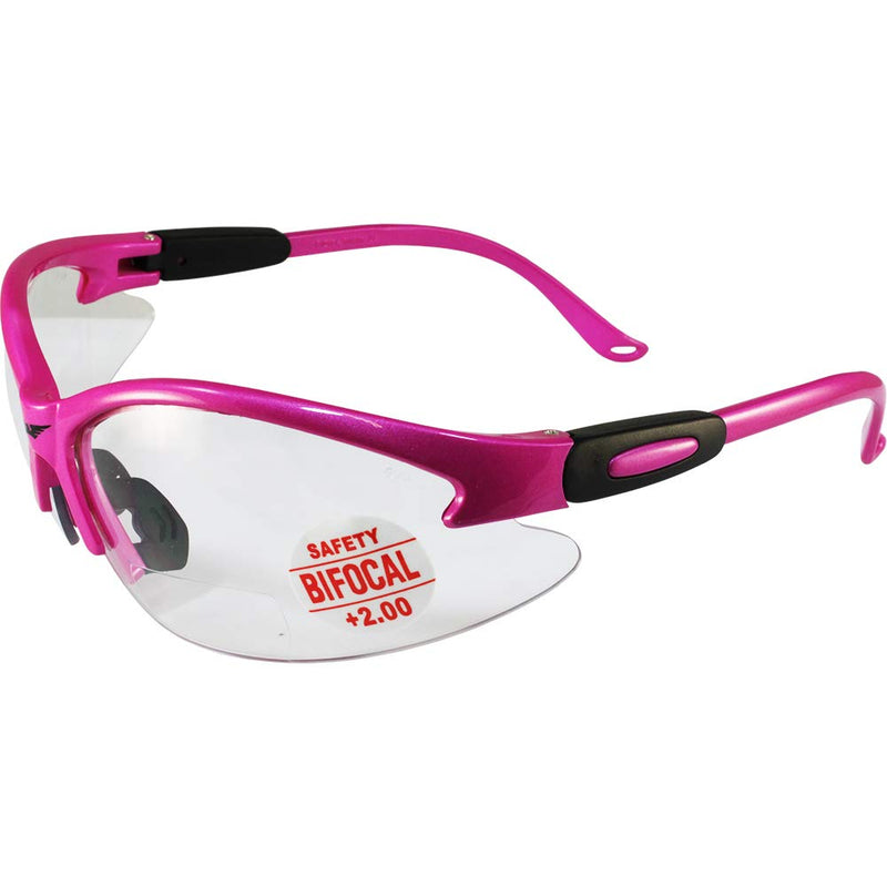 Global Vision Cougar Safety Glasses Hot Pink Frame 2.0x Magnification Bifocal Clear Lens - BeesActive Australia