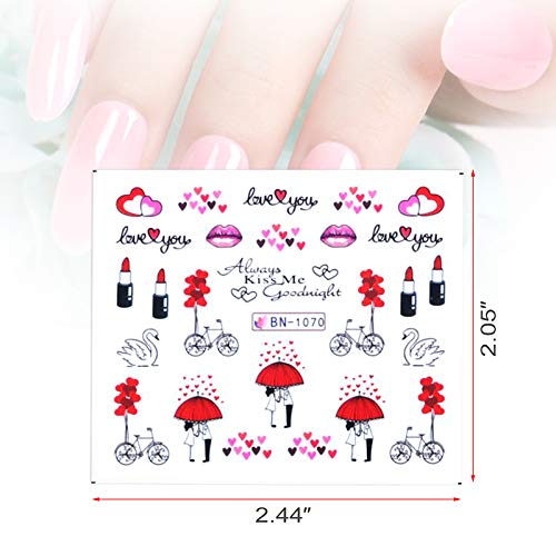 24 Sheets Valentine Nail Art Stickers, MWOOT Nail Art Water Transfer Sticker Full Nail Wraps Manicure Decals with Sexy Girls Hearts Love Kiss Dollar Lips Smoke Pattern - BeesActive Australia