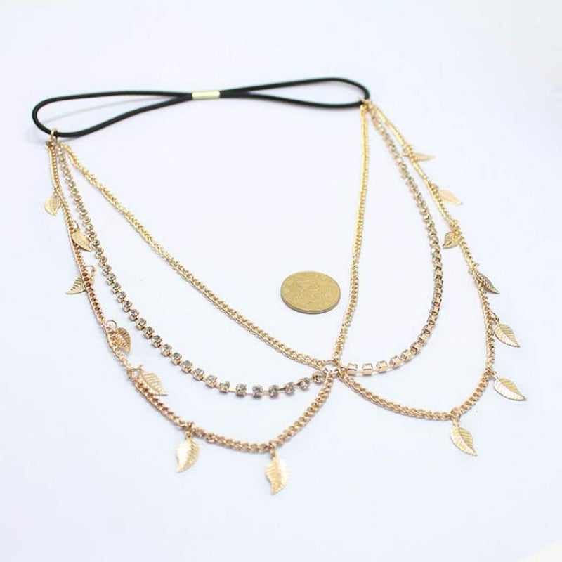 Edary Boho Leaf Tassel Head Chain Crystal Headband Gold Jewelry Hair Accessory for Women or Girls - BeesActive Australia