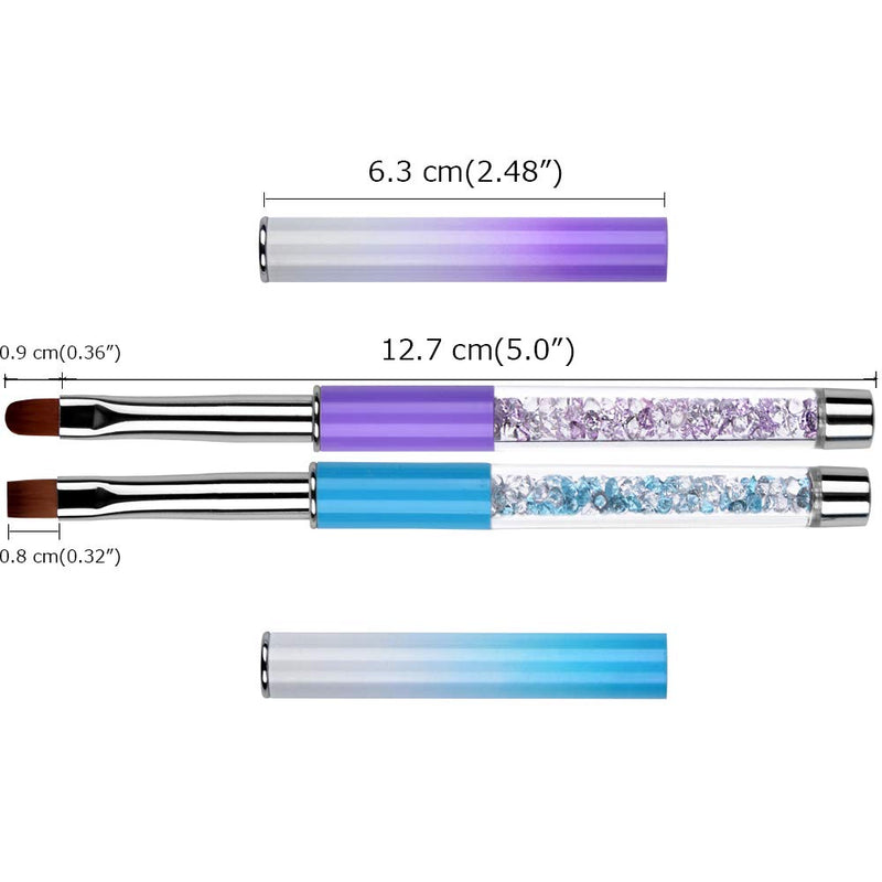 Ycyan 2Pcs Oval & Flat UV Gel Nail Brush Set Rhinestone Handle Professional Nail Art Design Brushes Multi-colored - BeesActive Australia