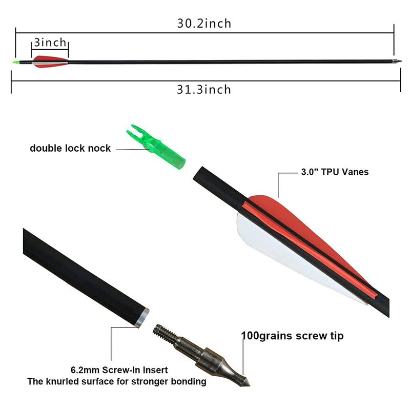 Huntingdoor 30" Archery Carbon Target Arrows Hunting Arrows with Adjustable Nock and Replaceable Field Points for Compound Bow or Recurve Bow (Pack of 12) RED - BeesActive Australia