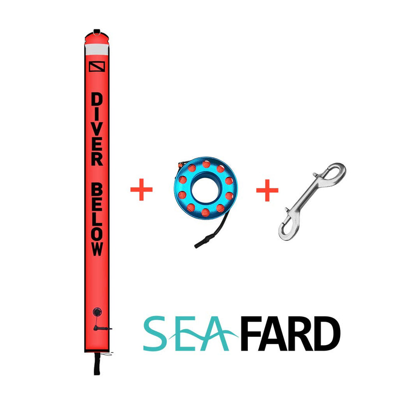 [AUSTRALIA] - Seafard 4ft/5ft Scuba Diving Open Bottom Surface Marker Buoy (SMB) with 49ft/98ft Finger Spool Alloy Dive Reel and Double Ended Bolt Clip Blue Reel+Red SMB 4ft SMB 49ft Reel 